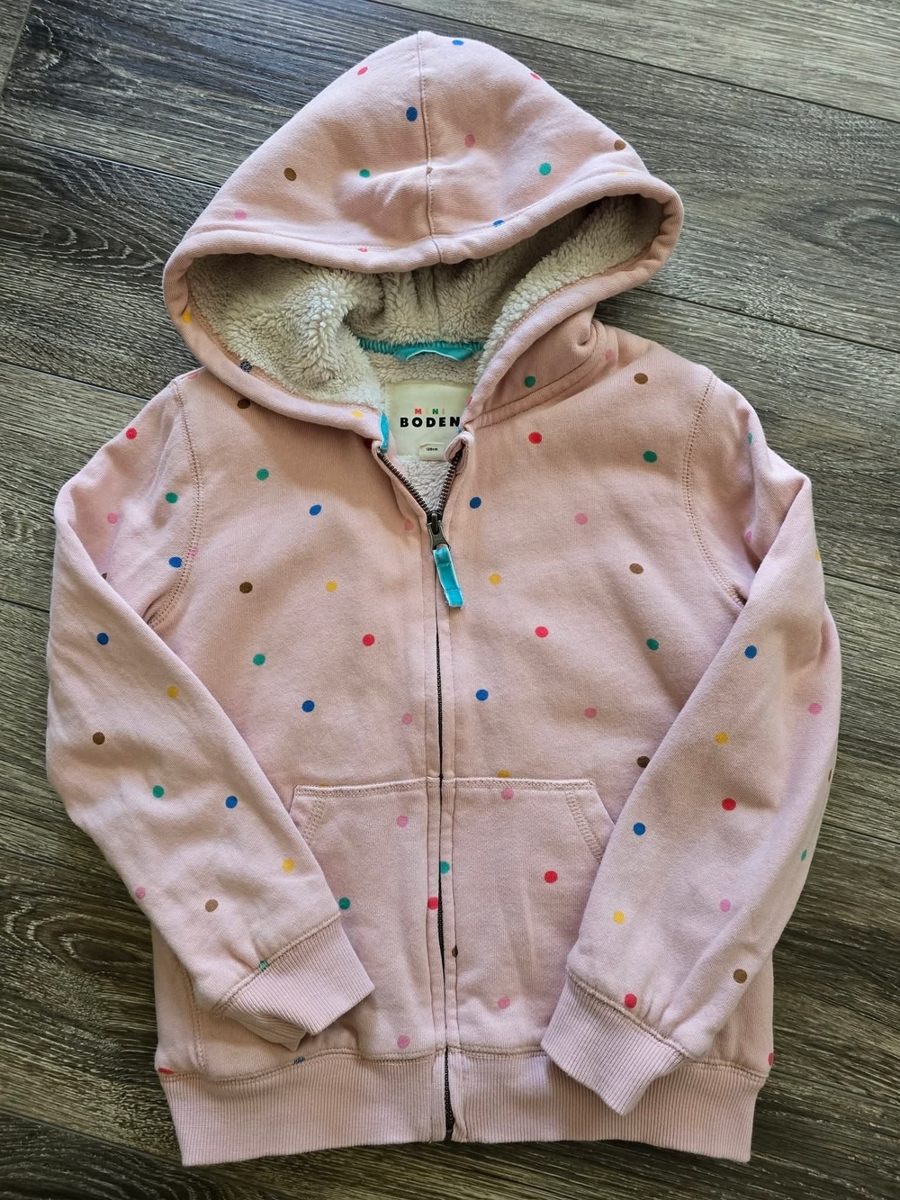Mini Boden Pink Polka Dot Sherpa-Lined Zip Hoodie
